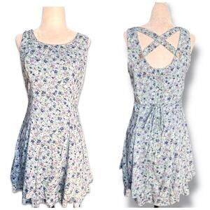 Vintage All That Jazz Baby Blue Floral Sleeveless Open Cross Back Mini Dress